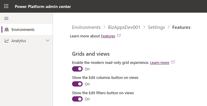 Power Apps Read Only Grid - 2022 Wave 1 Release - Power Platform Admin Center Settings