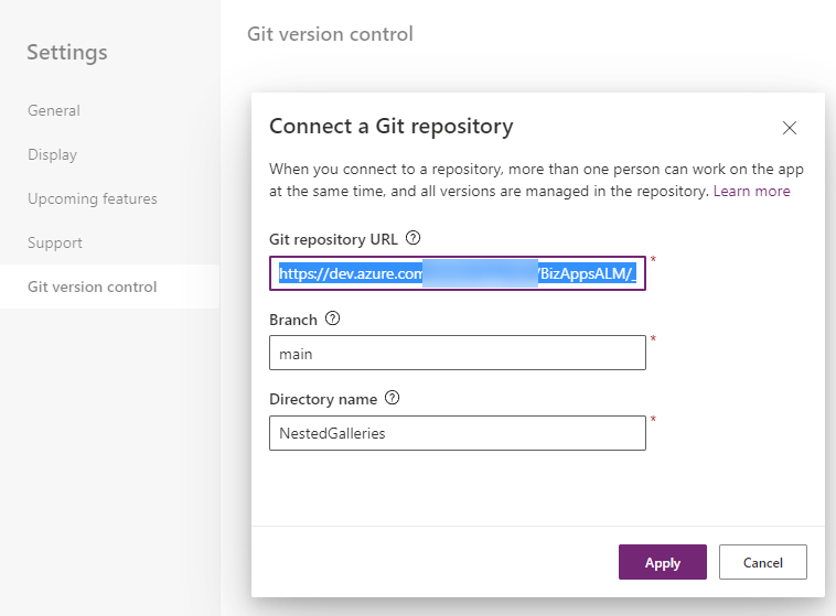 Canvas Apps Co-Authoring - Power Apps - Git Version Control Repo Settings 