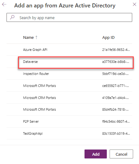 Dataverse - PPAC - Select app from Azure Active Directory