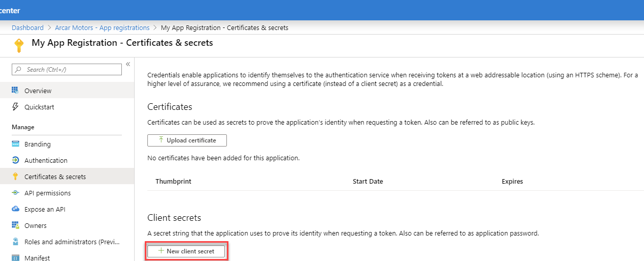 Azure AD App Registration - Certificates and secrets