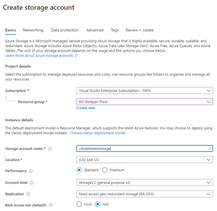 CDS Export to Data lake - Create Storage account (Basics)