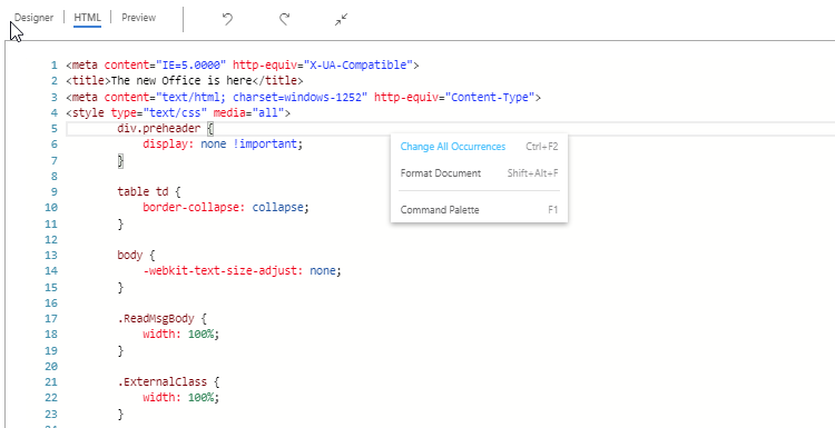 HTML Editor Code window