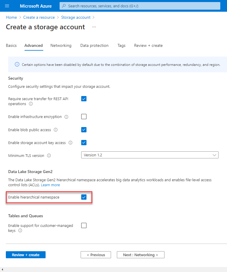 Create Resource - Azure Storage Account (Data Lake Gen 2) - Advanced tab