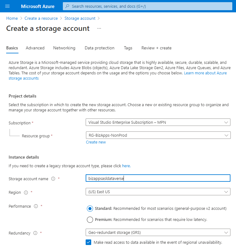 Create Resource - Azure Storage Account (Data Lake Gen 2) - Basics tab