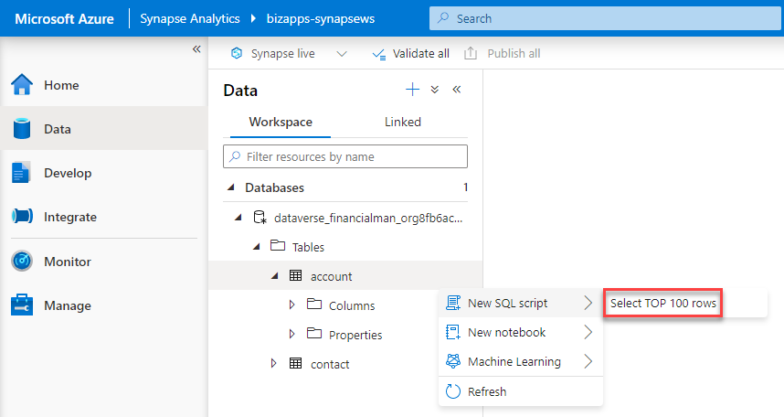 Azure Synapse Analytics Studio - New SQL Script from Account Table Data