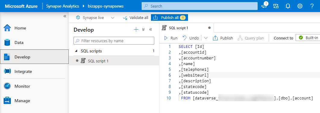 Azure Synapse Analytics - Create Query for Account table