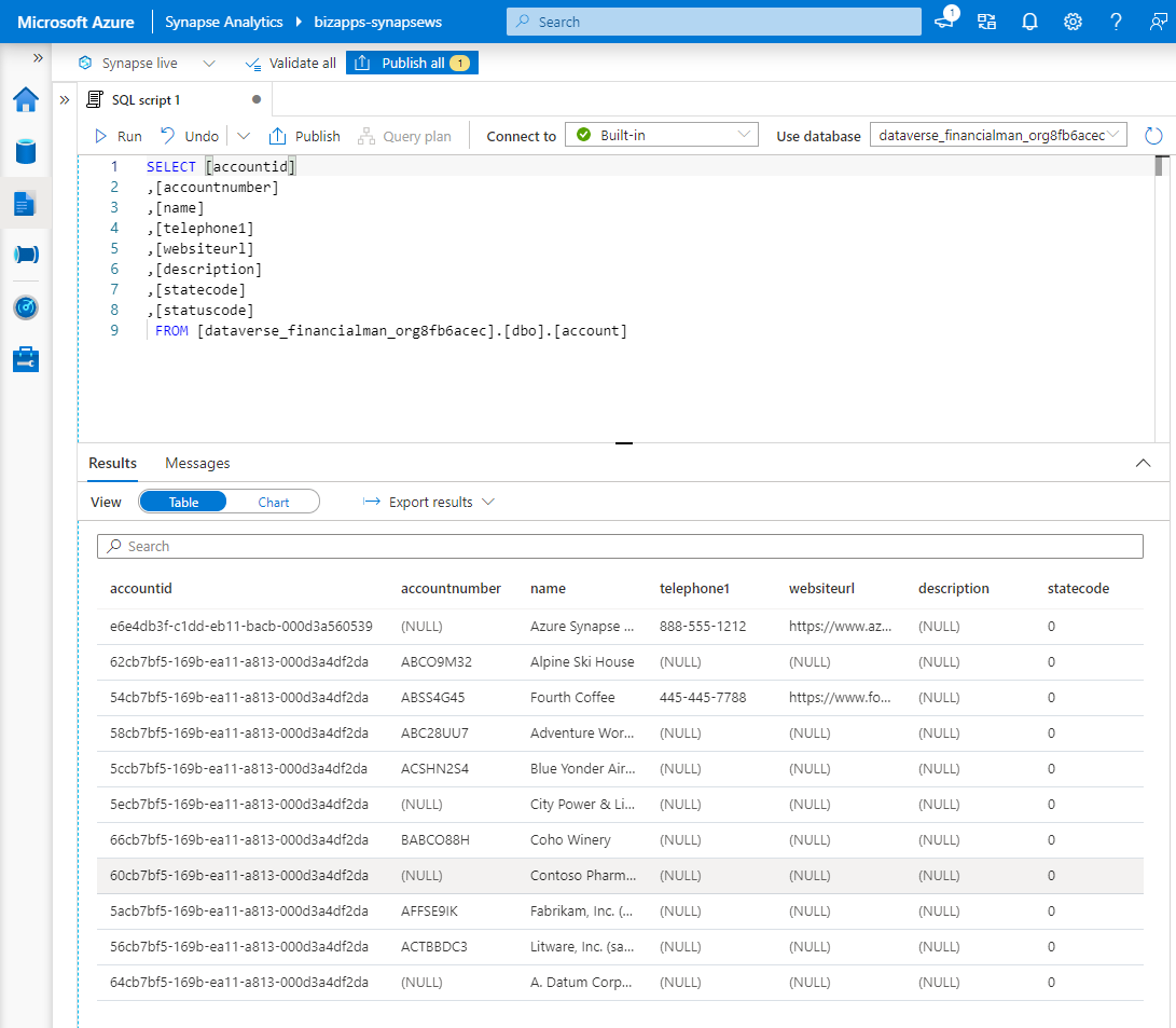 Azure Synapse Analytics - Create Query Results for Account table