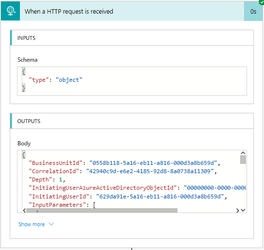 Dataverse Web Hook - Cloud Flows - HTTP Request received outputs